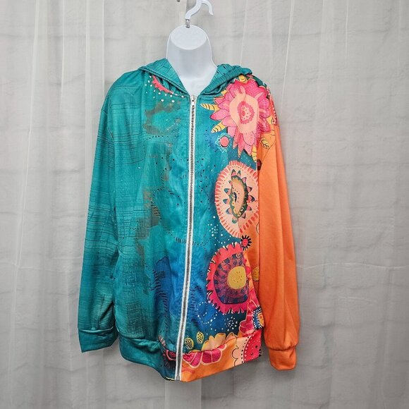 Blue Orange Hooded Zip Boho Sweatshirt L - Picture 1 of 10